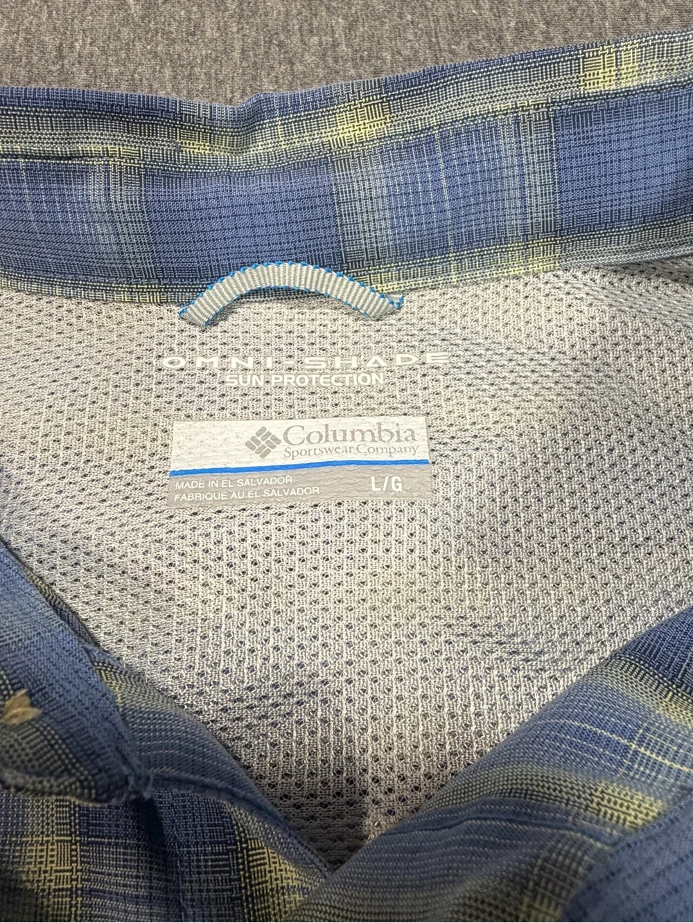 Columbia Omni-Shade Plaid Fishing Shirt Men's Short Sleeve Green Blue Size L